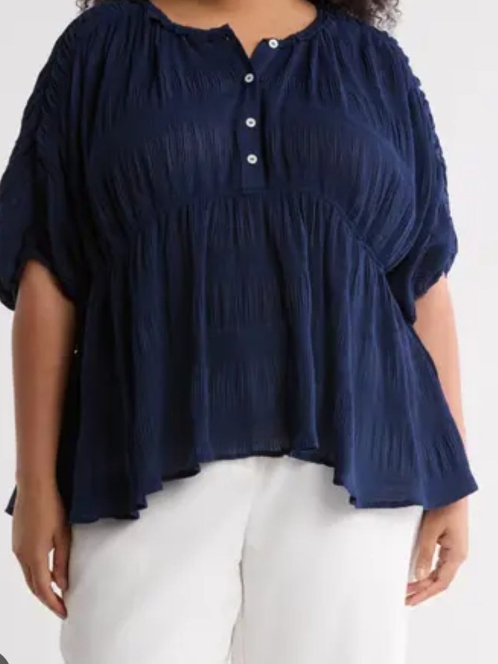 Navy Crinkle Button-Front Women’s Top